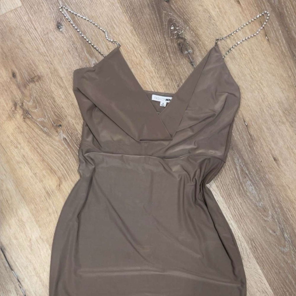 Fashion Nova Chain-Strap V-Neck Mini Dress in Taupe